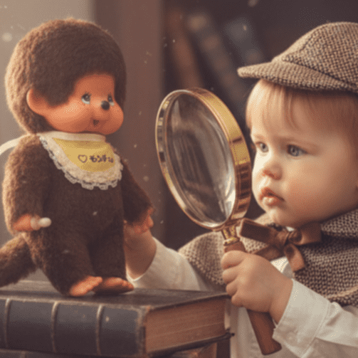 一位可愛的偵探正在用放大鏡仔細檢查一個復古Monchhichi娃娃的藍色眼睛和雀斑細節，充滿了可愛的鑑定氛圍。