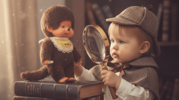 Blue Eyes Monchhichi 一位可愛的偵探正在用放大鏡仔細檢查一個復古Monchhichi娃娃的藍色眼睛和雀斑細節,充滿了可愛的鑑定氛圍。