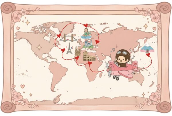 Monchhichi Map 一張可愛的世界地圖,Monchhichi坐在飛機上, 從日本出發,擴展到德國、法國、英國、義大利、丹麥、西班牙、匈牙利...