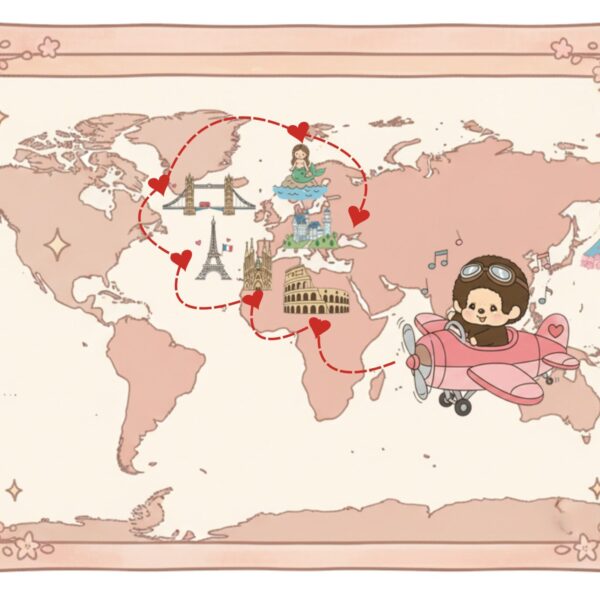 一張可愛的世界地圖，Monchhichi坐在飛機上， 從日本出發，擴展到德國、法國、英國、義大利、丹麥、西班牙、匈牙利...