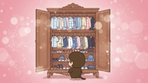 Monchhichi Picking clothes 可愛的Monchhichi望著一個裝滿了各種可愛服飾和配件的衣櫃前揀衫