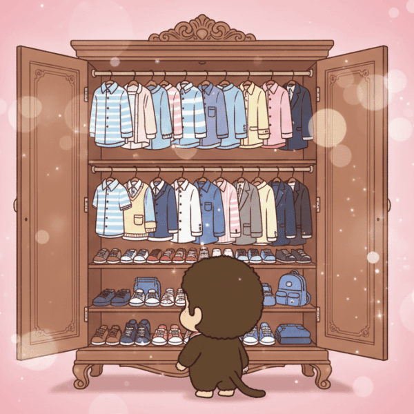 可愛的Monchhichi望著一個裝滿了各種可愛服飾和配件的衣櫃前揀衫