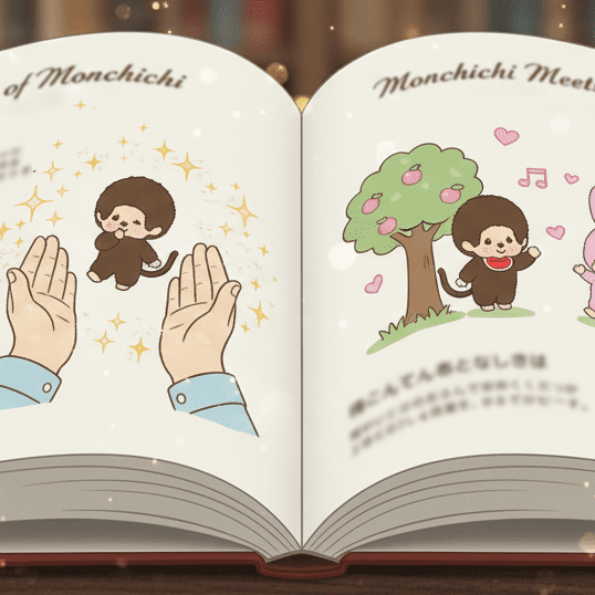 一本Monchhichi的童話故事書，左頁描繪了Monchhichi誕生，右頁是Monchhichi與Chimutan相遇的場景