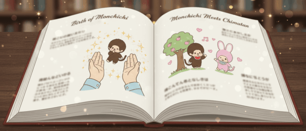 Monchhichi Story Book 一本Monchhichi的童話故事書,左頁描繪了Monchhichi誕生,右頁是Monchhichi與Chimutan相遇的場景