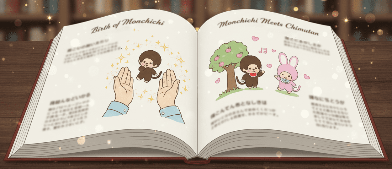一本打開的Monchhichi童話故事書，左頁描繪了Monchhichi的誕生，右頁是Monchhichi與兔子Chimutan相遇的場景。