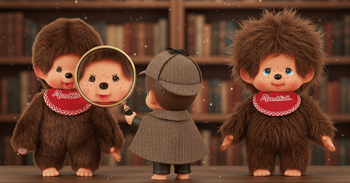 左右對比圖，左邊是製作精良、毛茸茸的正品Monchhichi，右邊是毛髮雜亂、細節粗糙的仿冒品，中間用一個可愛的放大鏡突顯差異。